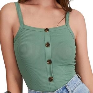 Sage Green Ribbed Faux Button Tank Top XS Minimalist Shein